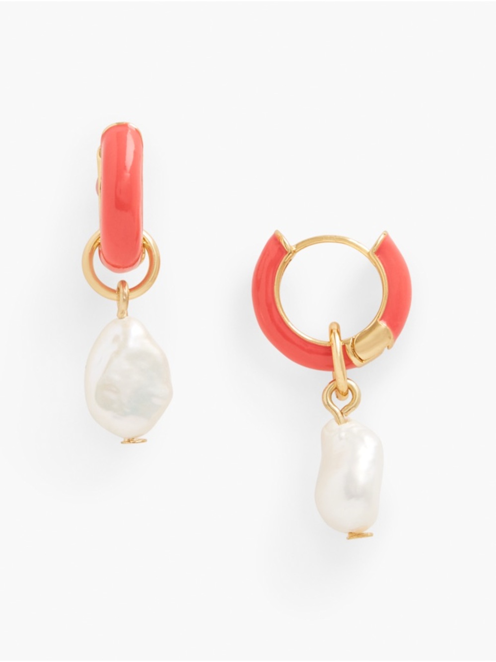 NEW Talbots | Coral Enamel Hoop Huggie Gold Earrings with Pearl Drops